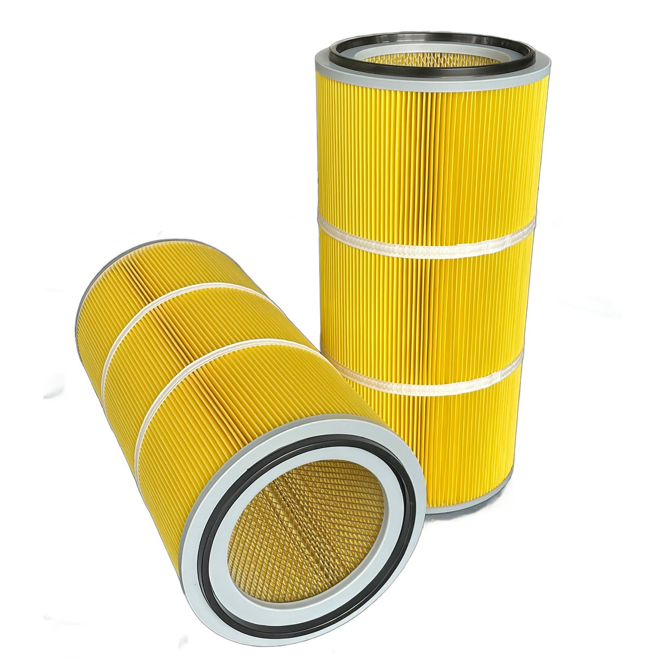 Yellow Polyester Cylindrical Dust Filter Cartridge | Oil-Water Repellent Filter for Industrial Dust Collectors