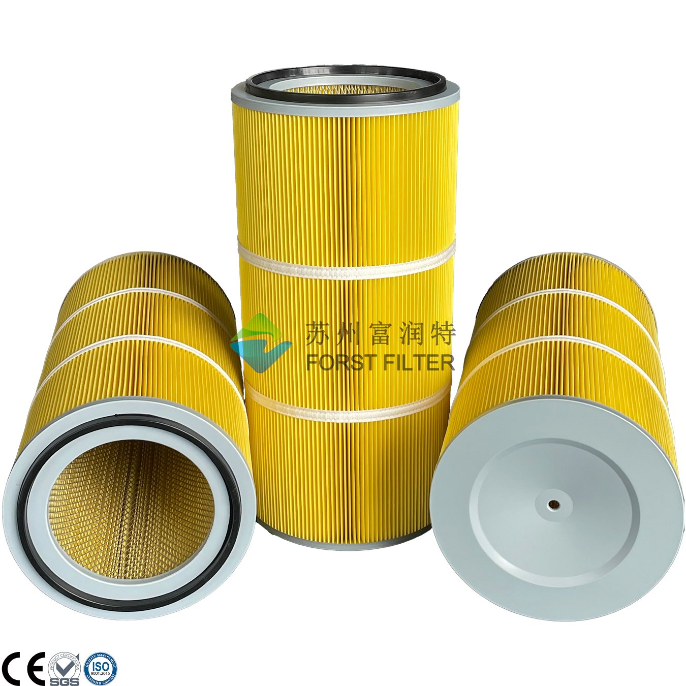 Yellow Polyester Cylindrical Dust Filter Cartridge | Oil-Water Repellent Filter for Industrial Dust Collectors
