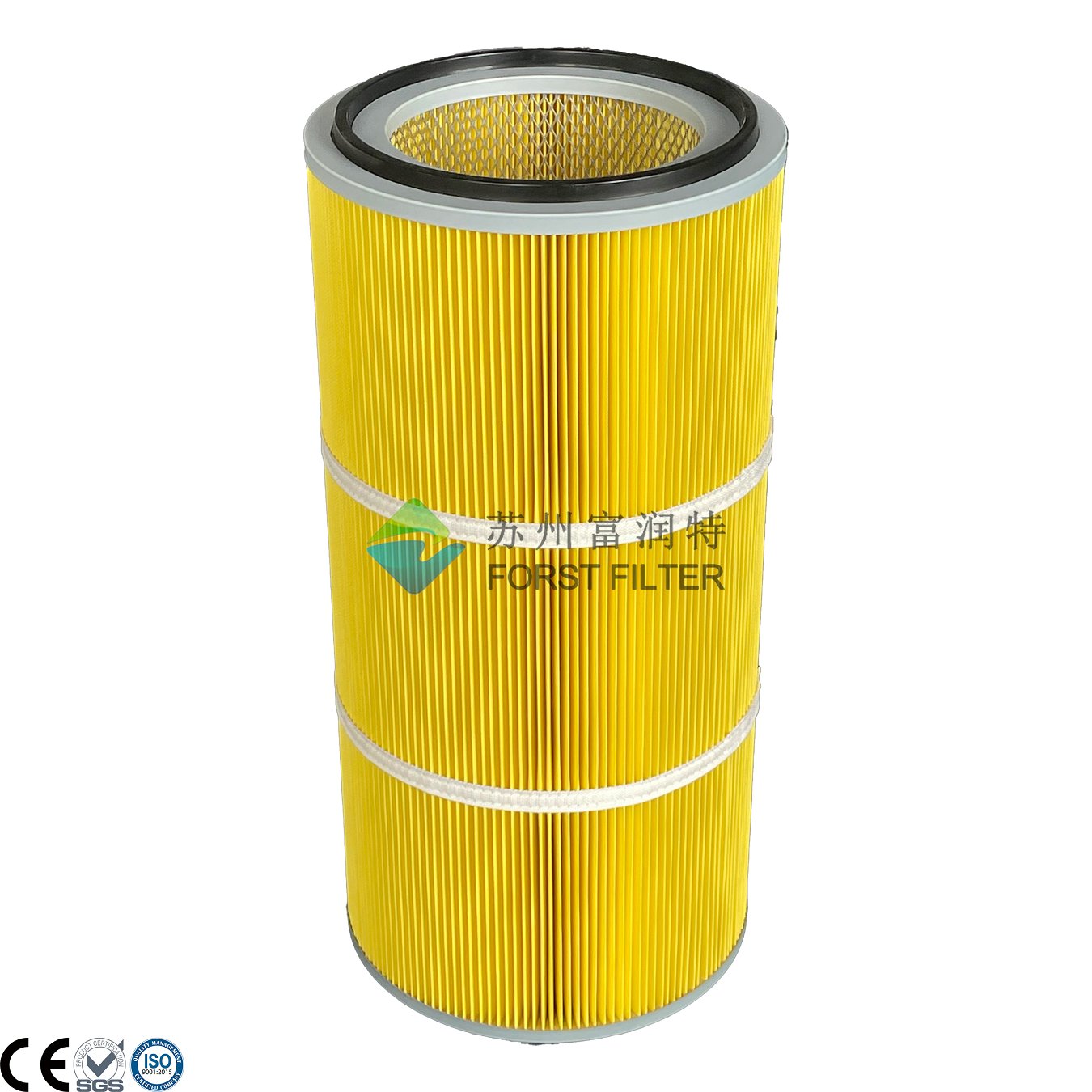 Yellow Polyester Cylindrical Dust Filter Cartridge | Oil-Water Repellent Filter for Industrial Dust Collectors
