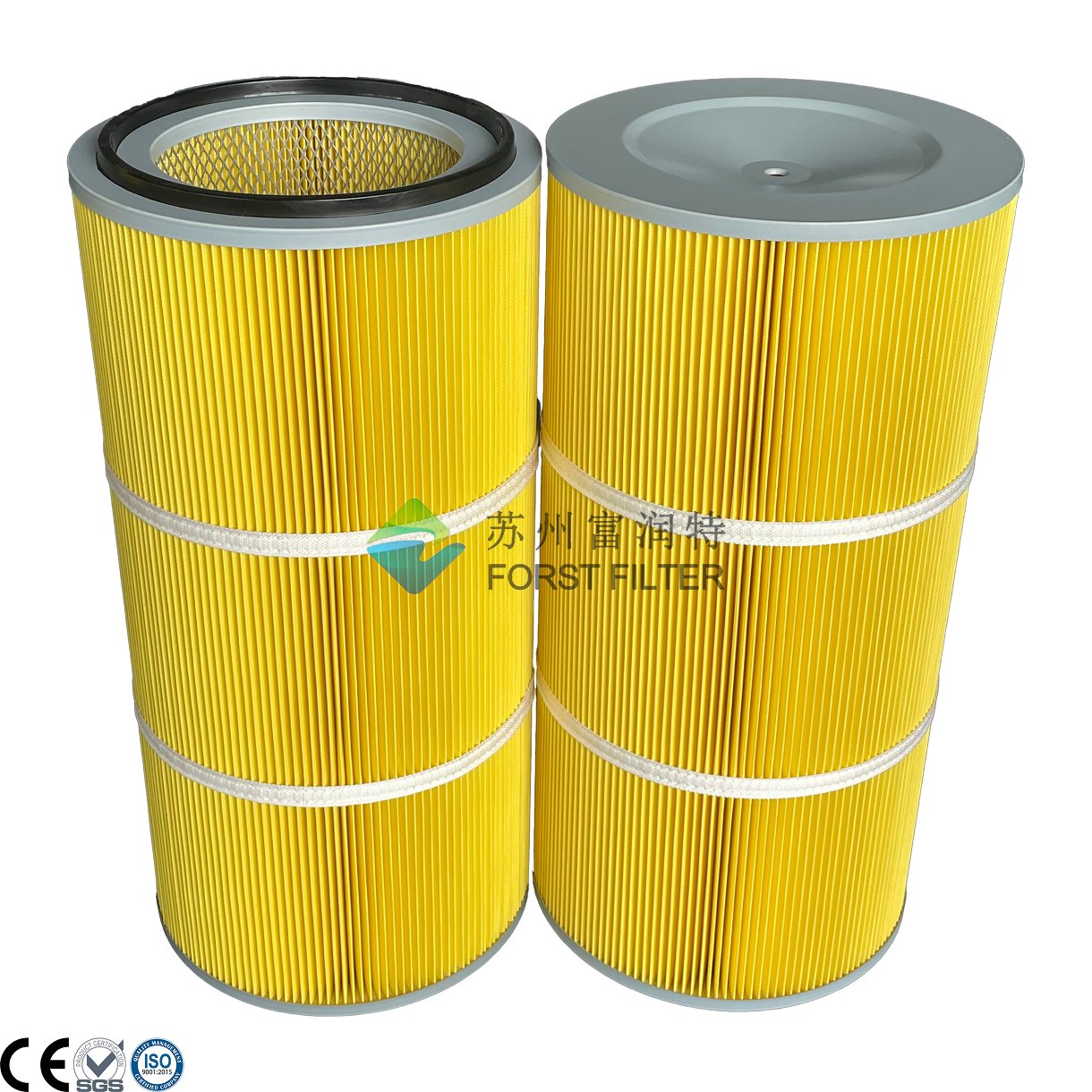 Yellow Polyester Cylindrical Dust Filter Cartridge | Oil-Water Repellent Filter for Industrial Dust Collectors